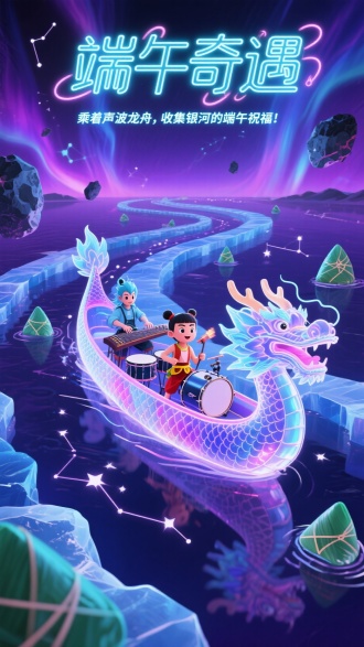 霓虹光效3D风格，北极星主题插画。螺旋轨道由极光构成，从冰湖延伸至星座。主视觉是水晶龙舟，船身随儿童歌声变换颜色。哪吒打电子鼓，敖丙弹奏激光古筝。背景漂浮着发光粽子形陨石和星座龙纹。顶部荧光灯管字体"端午奇遇"，副标题"乘着声波龙舟，收集银河的端午祝福！"随音波动感排列。主色调为极光紫与冰晶蓝，光影强调霓虹的发光与折射。