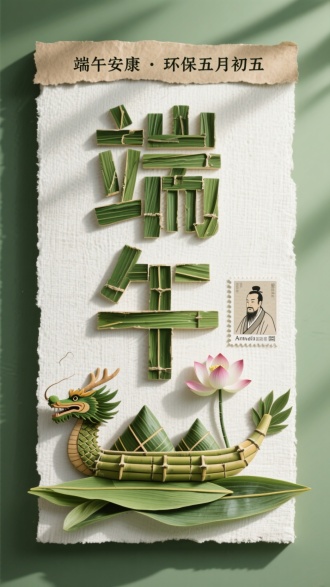 可持续设计风格立体字海报。顶部再生纸质感小字"端午安康·环保五月初五"。主体"端午"由可降解材料拼贴构成：粽叶压制的横竖笔画、再生竹纤维龙舟造型的撇捺、荷花标本镶嵌的提钩、屈原肖像邮票拼贴的转折。背景采用生态纤维板的天然肌理渐变。Arnold渲染超清细节，表现材料真实质感。主色调为橄榄绿与亚麻白，光影模拟自然光照射效果。