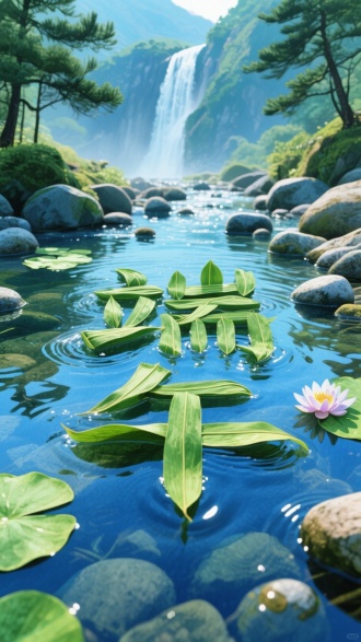 水彩湿润风格生态海报。主体"端午"由漂浮在溪流上的粽叶自然拼组而成，部分叶片随水流微微卷曲。背景呈现山涧生态：清澈溪流穿过圆润卵石，水面倒映着松树影，远处瀑布如白练，睡莲叶片漂浮在水面。手绘水彩纹理结合3D渲染，完美表现水光折射效果。主色调为靛青与翡翠绿，光影强调水体的通透感。