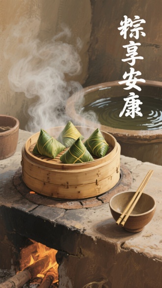 写实油画风格插画。画面聚焦土灶上的木制蒸笼，笼内热气氤氲露出五枚刚出锅的粽子，粽叶因蒸汽微微发黄。灶台旁粗陶碗里竖着一双竹筷，背景是手绘的农家水缸波纹倒影。右侧行书"粽享安康"略带飞白。主色调为灶台褐与粽叶绿，光影强调蒸汽的朦胧质感。