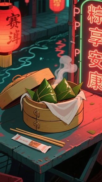赛璐璐动画风格插画。主体为夜市摊位的竹制蒸屉，掀开的屉布露出冒着热气的粽子，粽叶油亮发光。摊位上随意放着一双一次性竹筷，包装纸半开。背景是霓虹灯映照的水沟波纹，右侧POP字体"粽享安康"带描边效果。主色调为灯笼红与夜墨绿，光影突出夜市热闹感。