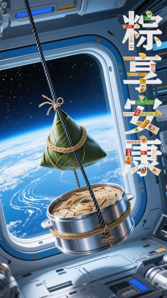 航天科技风格插画。国际空间站特制蒸笼，粽子处于微重力漂浮状态，草绳是碳纤维绳索。背景是太空舱舷窗外的地球水纹，右侧用宇航食品包装拼出"粽享安康"。主色调为太空蓝与金属银，真实表现失重环境。