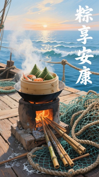 海派油画风格插画。渔家土灶搭建在木质甲板上，蒸笼里混着海鲜香气的粽子正在冒热气。灶旁渔网堆上随意插着被海水侵蚀的竹筷，背景是晨曦中的浪花纹路。右侧用渔绳编织纹样书写"粽享安康"，主色调为海天蓝与渔火橙，突出清晨海面的粼粼波光。

