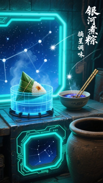 科幻写实油画，[主体：星空蓝土灶嵌发光电路纹路，透明蒸笼内粽子悬浮，粽叶包裹全息糯米；灶边陶碗盛银河状酱汁，竹筷顶端悬浮星光；背景水缸倒影呈现星座图]，霓虹光与冷白光交织，主色调为深空蓝与荧光绿，赛博朋克质感，8K画质，硬边光效与柔焦蒸汽对比。右侧行书“银河煮粽，摘星调味”笔画如流星轨迹。