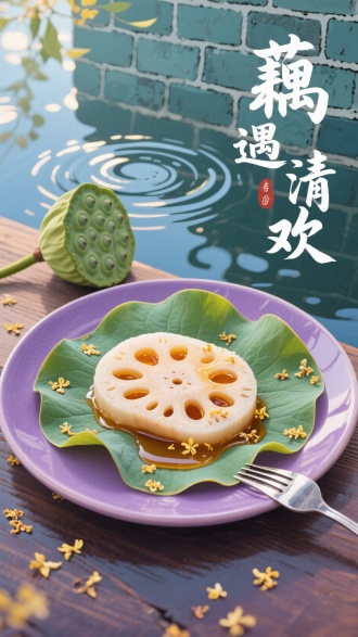 画面聚焦于荷叶托着的糯米藕片，藕孔中溢出琥珀色桂花蜜，边缘沾着零星糖桂花。莲蓬作底的碟子旁搁着银制小叉，背景是手绘的涟漪倒映在青砖墙上的波光。右侧行书"藕遇清欢"带飞白效果。主色调为藕荷紫与蜜糖黄，光影强调糖浆的拉丝质感。