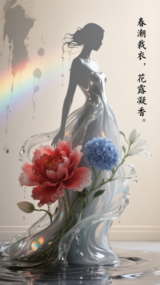 4K流体艺术，[主体：水银灰女性剪影，裙摆由液态牡丹（朱红）、融化绣球（钴蓝）、涟漪百合（透明白）流动成型，花瓣边缘呈水珠欲滴状；藤蔓为玻璃质感水流束，发梢滴落花形水洼]，折射光在墙面投射彩虹光斑，主色调为奶油墙与水雾灰剪影。右侧行书“春潮裁衣，花露凝香”墨色晕染如水渍。