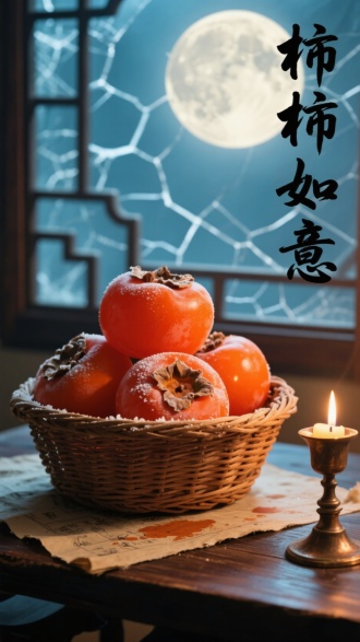 画面聚焦于藤编篮中叠放的熟透柿子，果皮反射灯笼般的暖光，篮底垫着染有柿渍的桑皮纸。桌角有一盏熄灭的铜制烛台，背景是手绘的月光透过窗棂的冰裂纹投影。右侧行书"柿柿如意"融入屋漏痕笔法。主色调为朱砂橙与黛蓝，光影表现果皮上的糖霜结晶。