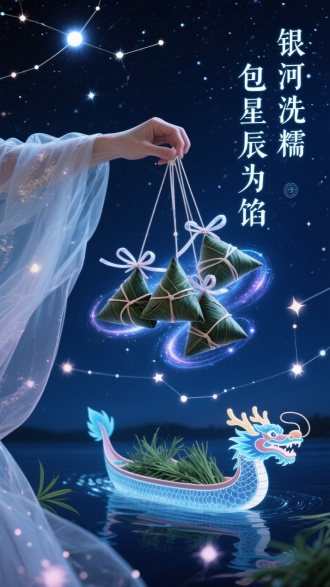 科幻国风风格，半透明纱衣手臂从星空伸出，拎着发光粽子组成的星座，每个粽子用银河丝带捆绑，香囊变为旋转的星云。深蓝夜空中漂浮着发光粒子组成的诗句“银河洗糯 包星辰为馅”，背景点缀着龙舟形状的星团与艾草星轨，营造奇幻节日宇宙观。
