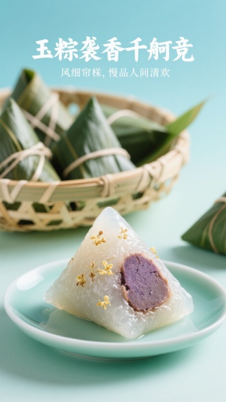 画面主体：晶莹剔透的冰皮粽子，表面点缀着桂花蜜，前景是一个切开露出内馅（豆沙/紫薯）的半透明粽子，放置在青瓷盘中。
背景：竹编篮盛放几个未拆的冰皮粽子，背景色调为浅蓝与薄荷绿渐变，营造清凉夏日感。
文字：上方行书“玉粽袭香千舸竞”，下方小字“风细帘栊，慢品人间清欢”。