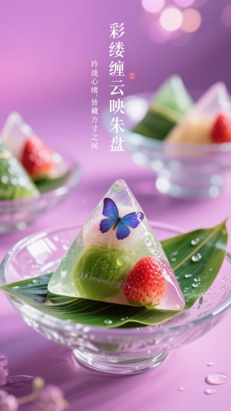 画面主体：七彩水晶粽（蝶豆花/草莓/抹茶分层），前景是一个透光的水晶粽特写，粽叶垫底，水滴折射光线。
背景：玻璃碗盛放其他水晶粽，背景为梦幻粉紫渐变，搭配虚化光斑。
文字：上方瘦金体“彩缕缠云映朱盘”，下方小字“玲珑心绪，皆藏方寸之间”。