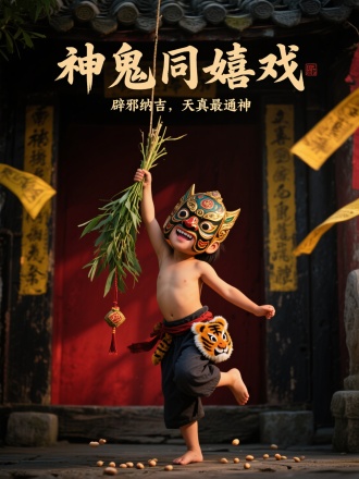 画面主体：戴傩面的孩童踮脚挂艾草，面具鎏金彩绘却掩不住腮边梨涡，腰间布老虎与香囊随动作摇晃，脚下散落几粒雄黄豆。
背景：老宅门楣黄符飘动，背景用暗红与玄黑营造神秘感，光线从侧方打亮面具纹理。
文字：上方碑体“神鬼同嬉戏”，下方小字“辟邪纳吉，天真最通神”。