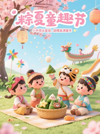 画面主体：四个身穿传统节日服饰的卡通小朋友（分别戴龙舟头巾、艾草发饰、小老虎帽、五彩绳手链）围坐在野餐垫上，中间竹篮堆满造型粽子（星星、小熊、小鱼形状），一个孩子正把粽子抛向空中，糯米粒如星光散落。
背景：樱花树垂下枝条，树梢挂着纸灯笼和彩色风车，远处有迷你龙舟造型的滑梯，色调为马卡龙粉蓝与嫩绿。
文字：上方泡泡艺术字“粽夏童趣节”，下方小字“小手捏出星辰，甜糯装满童年”。