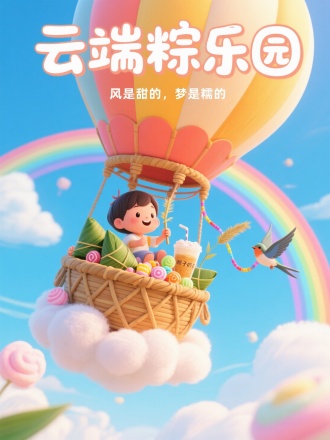 画面主体：童话风孩子坐在巨型粽子热气球上，热气球的竹编篮里堆满糖果馅粽子，云朵做成棉花糖状，一个孩子用芦苇杆当吸管喝“粽子奶茶”。
背景：彩虹横跨天际，小鸟衔着五彩绳飞来，色调高饱和梦幻。
文字：上方童话书标题体“云端粽乐园”，下方小字“风是甜的，梦是糯的”。