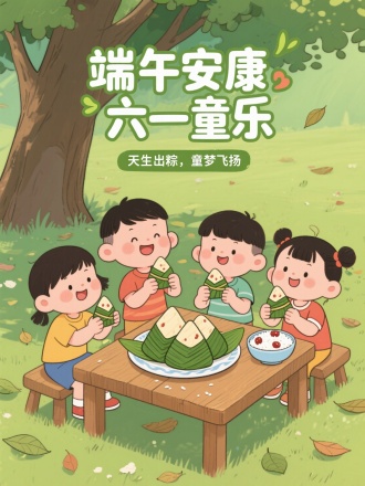 绘制一幅融合端午与六一元素的卡通风格插画。画面中有四个可爱的小朋友围坐在户外木桌旁，桌上放着一大盘粽子，旁边还有一碗点缀红枣的白米。小朋友们手中拿着粽子，脸上洋溢笑容。背景是一棵大树，地面散落树叶，营造自然氛围。画面上方有醒目的艺术字 “端午安康 六一童乐”，下方配有文字 “天生出粽，童梦飞扬” ，整体传递出欢乐、温馨的节日氛围。