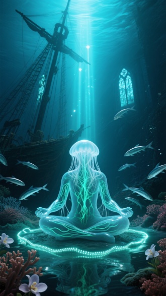 水母凝胶态的打坐者，神经脉络游走冷萤光，沉船桅杆劈开教堂光柱，珊瑚祭坛绽放磷光幽兰，银鱼群衔光链成曼陀罗，波动焦散模拟深海折镜。