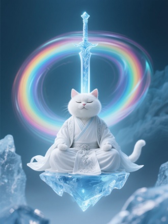 冷色惊艳氛围，拟人化胖白猫打坐盘腿（大圆脸很帅气）身着白色古装华丽服饰，眼睛紧闭，身后浮空着透明冰蓝色带丝丝寒气宝剑（笔直直立），背后悬浮五彩斑斓旋转虹光光圈（冰状实体），超逼真，真实拍摄，画面细腻流畅丝滑，8k画质