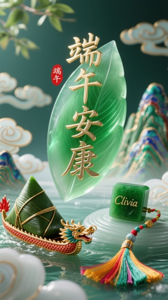 翡翠透光的粽叶悬浮，隶书“端午安康”呈鎏金淌银效果，左钤朱砂龙舟形印“端午”，右下青玉方印“Clivia”系五彩丝穗，背景浮雕粽子山与流动珐琅祥云，冷光源切割立体景深。