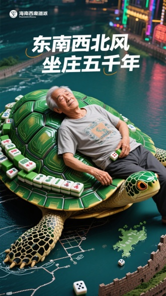 主体：穿着老头衫的大叔躺卧在翡翠色巨龟壳上，龟甲由长城砖麻将牌堆砌，龟足踏平东京湾，龟首含住海南岛像衔着骰子。
细节：龟壳纹路是高铁线路图，龟眼反射澳门赌场霓虹。
文案："东南西北风 坐庄五千年"