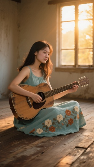 一位年轻女子，大约20至25岁，东亚裔，拥有温暖的棕色眼睛和温柔的微笑，盘腿坐在磨损的木地板上，沐浴在夕阳柔和的金黄色光芒中，透过附近的窗户洒进来。她的姿势放松而优雅；她拿着一把磨损的民谣吉他，其被阳光漂白的木料发出柔和的光芒，靠在她的肩膀上。她穿着一件简单的、飘逸的棉质连衣裙，淡青色的颜色与她的肤色相配，上面绣着奶油色和赭石色的精致刺绣花朵。她的深色头发略微被风吹拂，瀑布般地垂落在她的背后。她脸上的表情是宁静沉思的，眼中透露出一丝忧郁，这反映了民谣歌曲的深刻本质。背景是一个极简主义的、略有模糊的温暖乡村房间的描绘，由夕阳的暖光作为点缀。整体色彩调色板是柔和且温暖的，以棕色、青色和赭石土色调为主，辅以金色的光线。风格让人想起20世纪初期的民间艺术，对灯光和背景的描绘略带印象派手法。场景从略低的视角拍摄，强调了主题的亲密感和脆弱性，营造出一种平静内省的气氛。纹理柔软且略显粗糙，反映了木材和棉布的自然材料。整体氛围是忧郁而又充满希望的，反映了民谣歌曲的宁静之美。这张图片应该能唤起怀旧和宁静的感觉。使用35毫米镜头拍摄以获得自然的视角。