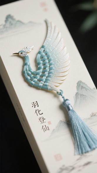 风格：新中式极简美学 × 微距光影艺术

主体：0.4毫米青鸾造型竹编书签，采用天青至月白渐变竹丝（0.18毫米宽）以羽状纹精密编织，鸟喙点缀1毫米银箔片。

细节：尾羽延伸冰蚕丝流苏（12缕渐变蓝丝线），书页压印"羽化登仙"瘦金体，45度侧光下竹丝呈现冰裂釉透光效果。

构图：中心对称+右翼微距特写，背景虚化宣纸显现隐约仙山轮廓。
