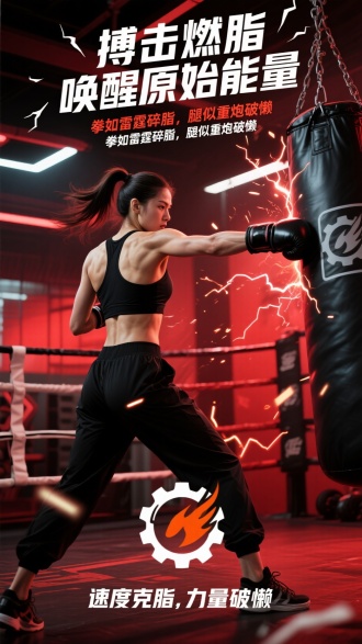 主体元素：一位穿着黑色运动背心和黑色运动裤、扎高马尾的女性，在拳击场中戴着拳击手套击打沙袋，动作有力，展现出肌肉线条。
场景氛围：充满科技感和动感的拳击场，背景以红黑为主色调，添加闪电、火花等特效元素，营造激烈、燃爆的氛围。
文字内容：包含 “搏击燃脂 唤醒原始能量”“拳如雷霆碎脂，腿似重炮破懒”“速度克脂，力量破懒” 等健身搏击主题文案 ，搭配有健身或运动相关 logo（如齿轮加火焰图案 ）。
艺术风格：采用写实与夸张相结合的风格，突出力量感和视觉冲击力，整体具有现代感和时尚感。