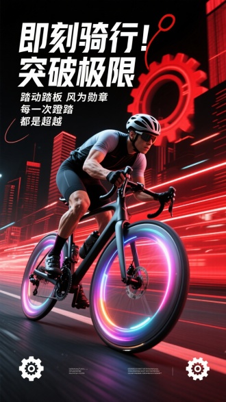主体元素
一位专业的自行车骑行者，身着骑行服、佩戴头盔，呈俯身骑行姿势，展现肌肉线条和运动力量感，骑行在现代化城市道路上。
自行车具有未来感设计，车轮带有炫彩发光特效。
背景氛围
以黑、红为主色调，搭配科技感十足的齿轮、光线特效元素。
背景中融入城市建筑剪影，添加速度感的光线拖影效果，营造动感、充满活力与突破感的氛围。
文字内容
文案包含 “即刻骑行 突破极限”“踏动踏板 风为勋章”“每一次蹬踏 都是超越” 。
有相关 logo（如包含齿轮图案 ）。
艺术风格
整体风格为现代科技风，兼具写实与夸张，突出速度与力量，具有强烈视觉冲击力。