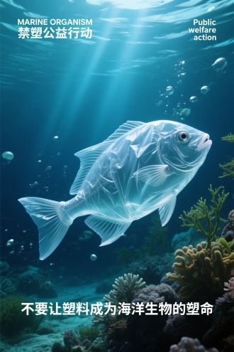 生成一张海洋环保公益海报，画面为水下海洋场景，柔和光线从水面穿透，背景有珊瑚礁、海藻，水中悬浮微粒增强真实感；主体是一条完全由透明塑料袋构成的鱼，精准还原鱼的身体结构（鱼鳍、鱼尾、鱼头形态），塑料袋要体现褶皱纹理、透光质感、表面反光细节；画面文字布局：左上角小字写”MARINE ORGANISM 禁塑公益行动”，右上角小字写“Public welfare action”，底部小字居中写“不要让塑料成为海洋生物的塑命”，文字设计简洁醒目且贴合海洋环保主题；整体风格为写实摄影风，高对比度强化视觉冲击，主色调用深蓝+蓝绿色塑造海洋质感，营造警示氛围以唤起对塑料污染危害海洋生命的共情；海报比例设为竖版2:3。  