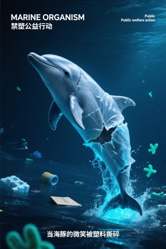 生成海洋环保公益海报，场景为：深海蓝调水域，发光微生物点缀海水模拟生物荧光，远处漂浮废弃塑料桶/泡沫板；主体是一只由半透明塑料薄膜（塑造流线身体，褶皱模拟肌肉）+撕裂快递袋（构成背鳍/尾鳍，边缘磨损做老化感）构成的海豚，呈现跃出水面瞬间的动态姿态；文字布局：左上角等线小字体“MARINE ORGANISM 禁塑公益行动”，右上角等线小字体“Public welfare action”，底部居中等线字体“当海豚的微笑被塑料撕碎”，电影质感暗调风格，局部强光打亮海豚轮廓，主色调选深海蓝+荧光蓝（冷暖对比）；海报比例设为竖版2:3。  
