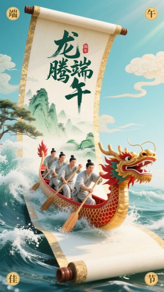 新中式国潮风格的端午节海报，竖版构图。画面中心是 5名穿浅灰色传统服饰 的划手，动作整齐有力地划着华丽龙舟（龙舟龙头带木雕纹理、红金配色，龙须飘逸灵动，龙身鳞片清晰有质感）；龙舟从展开的古风卷轴中破浪而出，卷轴内绘青绿山水（云雾缭绕、松树挺拔、奇峰林立，水墨晕染的朦胧质感），卷轴边缘有鎏金纹理点缀；

画面顶部用 墨绿渐变笔触的毛笔书法 写大字“龙腾端午”，四角点缀圆形烫金印章，分别刻“端”“午”“佳”“节”；

背景是飞溅的海浪和环绕的祥云，整体主色调为 青蓝渐变（天空到海浪自然过渡），卷轴呈米白色+鎏金装饰，龙舟红金配色凸显传统感；

光线用柔和侧逆光，增强龙舟、卷轴的立体层次感；

风格融合水墨工笔的细腻笔触与现代3D写实质感，氛围既喜庆热闹又带国风仙气，画面细节超丰富、层次精致！