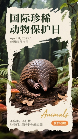 新中式公益主题海报，竖版构图。画面中心是穿山甲特写（深褐色鳞片铠甲、蜷缩成球的防御姿态，爪部细节清晰，鼻尖轻触腐殖土的自然神态）；背景为雨林腐殖土景深场景（深褐落叶层、翠绿蕨类、橙红菌菇，远景藤蔓交错朦胧）；外框是水墨晕染镂空效果（浅卡其底色上，墨色泼墨形成不规则剪纸感轮廓，仅露出穿山甲与部分落叶）。

文字与排版：

顶部大字：“国际珍稀动物保护日”（简洁黑体，深绿色，醒目大气）；
日期区：下方小字“April 8, 2025 / 公历四月八日”（浅灰色细体，轻盈通透）；
右下角：手写英文“Animals”（优雅手写字体，土黄色）+ 橙色圆角按钮“爱护动物” + 底部小字“不伤害，不打扰 让我们共同守护地球家园”（浅灰色宋体风格，温和亲切）。
风格与氛围：
融合写实摄影质感（鳞片铠甲纹理分明、腐殖土颗粒清晰）+ 新中式水墨镂空艺术（边框泼墨自然随性，营造“隐于山林”意境）；整体色调大地色系（深褐、翠绿、浅卡其为主），光线为柔和侧逆光（打亮鳞片边缘与蜷缩轮廓，传递雨林静谧感）；氛围突出“森林隐士、铠甲下的脆弱”的反差共情力，细节超精细（8K级别质感）。