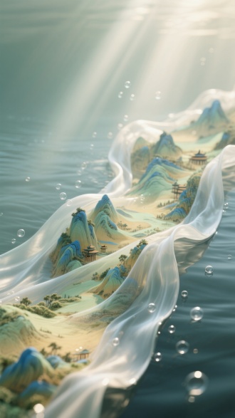 超现实主义风格，淡彩层染。水墨。水底一条透明绸缎，展现立体微缩景观的《千里江山图》，阳光照在绸缎上，有水泡升起，梦幻唯美意境，丁达尔效应，逆光，散射光，渐变，三维古风，极简构图，光影交错，色彩层次渐变，电影级质感。比例 9:16。
