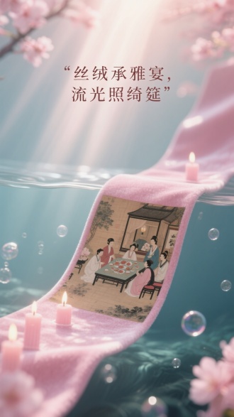 超现实主义风格，淡彩层染，水墨。水底一条樱粉丝绒带，展现立体微缩景观的《韩熙载夜宴图》，阳光轻落于丝绒带上，有浅粉色水泡悠悠浮起，营造梦幻唯美意境；丁达尔效应柔和，逆光凸显宴乐场景层次，散射光柔化丝绒肌理，色彩以樱粉系渐变晕开，三维古风雅致，极简构图聚焦丝绒带与微缩画，光影交错如烛影摇红，电影级质感。画面比例9:16。上方标题文案：“‘丝绒承雅宴，流光照绮筵’”