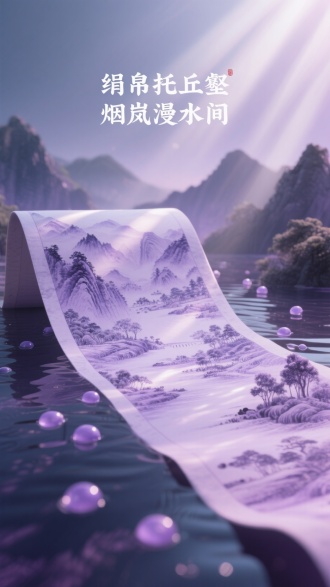 超现实主义风格，淡彩层染，水墨。水底一条黛紫晕染绢帛，展现立体微缩景观的《富春山居图》，阳光透过水面洒在绢帛上，有淡紫色水泡轻盈浮起，营造梦幻唯美意境；丁达尔效应明显，逆光强化山水轮廓，散射光晕开墨色层次，色彩以黛紫系渐变过渡，三维古风韵味，极简构图聚焦绢帛与微缩画，光影交错似烟岚漫卷，电影级质感。画面比例9:16。上方标题文案：“绢帛托丘壑 烟岚漫水间”