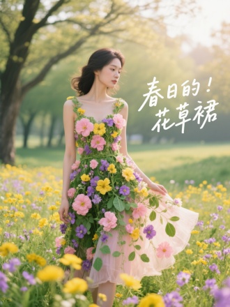 拍摄展现春日主题的时尚照片。画面主体是一位女性，身着以花草为元素制作的连衣裙，裙子上装饰大量粉色、黄色、紫色花朵及绿叶，色彩缤纷。场景为开满黄色、紫色野花的户外花田，背景有树木和洒下的阳光。画面右侧有手写风格文字 “春日的 花草裙” ，整体营造出浪漫、清新的春日氛围。