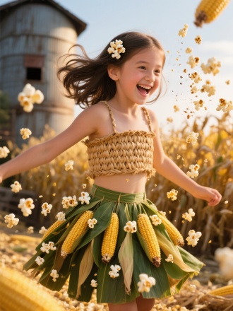 12岁俏皮女孩，穿着玉米叶编织的基座裙，裙摆上布满正在爆开的爆米花（部分悬浮在空中），头发上别着爆米花发卡；背景是丰收的玉米仓，采用高速摄影捕捉爆米花爆裂的瞬间动态；暖黄色调，充满生命力的画面