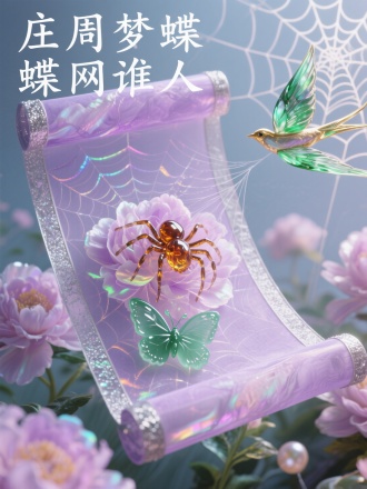 一幅悬浮的淡紫绢本卷轴微景观，半透明纱质画面上水晶蝴蝶停驻在翡翠雕琢的牡丹上，后方琥珀蜘蛛正吐丝结网，远处琉璃飞鸟掠过镀金蛛网。画卷采用多层堆叠技法，0.1mm超薄丝绢呈现动态景深，光线在蛛丝间产生虹彩衍射。超现实梦境花园，每片花瓣含荧光脉络，3D光线追踪渲染，晨雾柔光效果，微距俯拍，边缘银丝勾边发光。采用粉紫配翠绿色调，珍珠母贝纹理，背景晕染《庄子》"栩栩然胡蝶也"的镂空文字，上方题词"庄周梦蝶 蝶网谁人"。