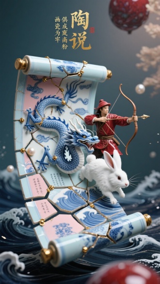 破碎青花瓷拼成的立体卷轴，半透明釉下钴蓝蛟龙追逐珍珠白兔，后方霁红釉猎人张弓搭箭。利用釉层厚度制造海浪立体效果，开片纹路中暗藏微型诗词。东西方陶瓷幻想，每片瓷片含永乐年制暗款，3D材质扫描，窑变光泽模拟，考古发掘视角，边缘金缮修复痕迹反光。采用天青配胭脂色调，锔钉修补纹理，背景悬浮《陶说》烫金文字，上方题跋"画瓷为牢 俱成齑粉"。