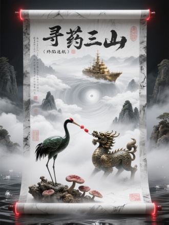 水墨晕染的灰白卷轴构成蓬莱幻境，半透明云气中墨玉仙鹤啄食丹砂，前方青铜麒麟踏碎灵芝，远处钛金战舰破雾而来。生宣渗透效果形成立体云海，紫外线照射显隐道教符箓。蒸汽朋克山水，每缕雾气含纳米级诗词粒子，3D体积雾渲染，台风眼构图，边缘朱砂印章发光。采用银灰配朱砂色，拓片皴裂纹理，背景隐藏《海内十洲记》微雕文字，上方狂草"寻药三山 终陷迷航"。