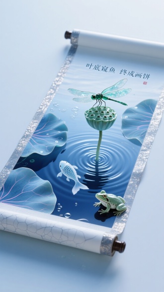一幅浮空展开的靛蓝绢本卷轴，半透明水面下暗藏微型世界，翡翠雕琢的蜻蜓停驻在莲蓬上，琉璃锦鲤尾鳍掀起涟漪，阴影处玉质青蛙正蓄势待扑。画卷采用多层浸染工艺，水波纹立体折射光线，0.2mm超薄丝绢呈现动态透视。超现实水生宇宙，每片莲叶经脉含荧光粉描绘，3D流体渲染，顶光水下散射，45度斜拍，边缘银粉勾边，微距气泡细节。采用钴蓝配月白色系，冰裂釉纹理，上方文案“叶底窥鱼 终成画饼”