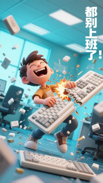3D卡通风格，一个男生把键盘掰成两半，邪恶仰天大笑，周围是键盘碎片、按键，爆炸的办公室场景，明亮的配色，广角镜头，倾斜的画面，体现速度感、冲击力。左侧白色标题“都别上班了！”，现代与简约的字体设计，体现动感、力量感。