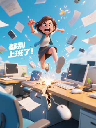 3D卡通风格，一个女生跳起来用手把办公桌劈开，夸张邪恶的表情，火花四溅，周围是飞起来电脑、鼠标、纸张，办公室场景，明亮的配色，鱼眼镜头，倾斜的画面，体现速度感、冲击力。左侧白色标题“都别上班了!”，现代与简约的字体设计，体现动感、力量感。