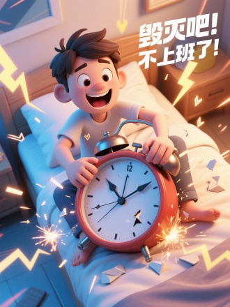 3D卡通风格，一个男生坐在床上，两只手捏碎一个巨大的闹钟，周围有闪电、震动符号、火花作为装饰，夸张那恶的表情，狂笑，卧室场景，明亮的配色，俯视角度，倾斜的画面，体现速度感、冲击力。左侧白色标题“毁灭吧!不上班了!"，现代与简约的字体设计，体现动感、力量感。