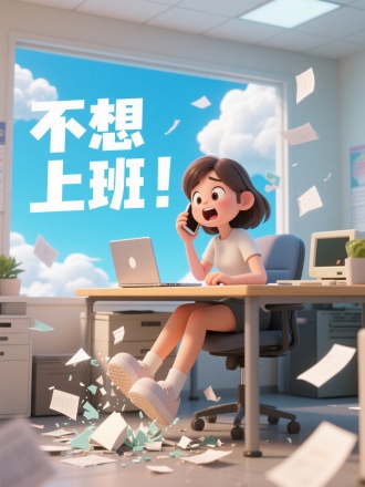 3D卡通风格，一个女生坐在工位上，拿着手机，桌子上有笔记本电脑，办公室场景。身后是幻想的画面，白色云朵气海里面是她踩碎电脑，旁边有撤碎的纸张，夸张的表情，明亮的配色，有冲击力的西面。左侧白色标题“不想上班!”