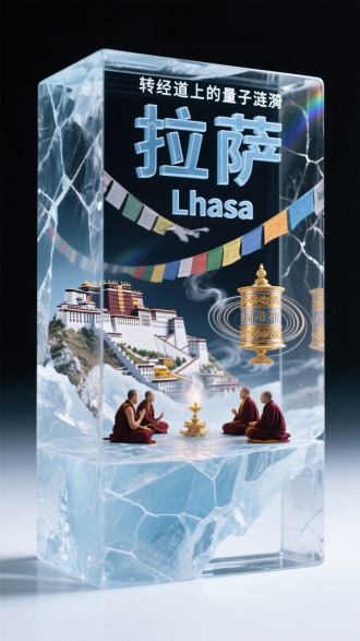 采用冰川材质的透明立方体，正面蚀刻冰蓝色"拉萨"与"Lhasa"立体文字，内部呈现布达拉宫与量子化转经筒共存的超现实景观。精密构造包括：钛合金经幡在零重力下飘动，全息喇嘛辩经场景，纳米金粉构成的曼陀罗在空气中自旋。运用次表面散射技术模拟千年冰晶质感，3D流体模拟酥油灯烟雾，射线追踪呈现彩虹经幡的光学衍射。未来藏式美学，每道冰裂纹含《甘珠尔》微刻，8K微距摄影，纯白背景衬托立体光影，上方题写"转经道上的量子涟漪"。