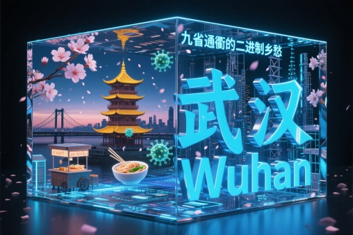 液态金属构成的动态立方体，镜面抛光表面流动着靛蓝"武汉”与"Wuhan"全息文字，内部展示长江大桥与樱花雨的光怪陆离组合。微观奇观包含：纳米机器人组成的黄鹤楼在暮色中分解重组，荧光病毒模型与钢筋森林共生，全息热干面摊位漂浮在数据流上。采用智能材料变色响应技术，3D光子晶体渲染，隧道视角构图，边缘等离子体发光。赛博朋克楚文化风格，每片樱花含城市记忆数据，深空灰背景，上方刻印"九省通衢的二进制乡愁"。