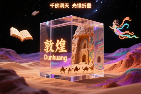 一个水晶质感的透明立方体微缩景观，正面镌刻发光琥珀色"敦煌"与"Dunhuang"字样，侧面展现莫高窟壁画在沙丘中浮动的奇幻景象。内部包含：鎏金骆驼商队穿行霓虹佛窟，七彩丹霞地貌上悬浮着数字化飞天，夜光经卷在星空下自动翻页。采用镭射亚克力材质，0.1mm精度的壁画浮雕，3D体积光渲染使砂岩产生莹润光泽。梦幻西域未来主义，每个洞窟含纳米级经文投影，HDR环境光遮蔽，低角度广角镜头，边缘离子镀膜反光。采用赭石配霓虹紫的渐变色调，背景为纯净的银河黑，上方悬浮发光题词"千佛洞天 光锥折叠"。