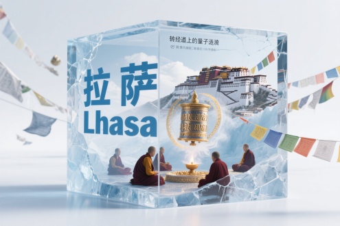 采用冰川材质的透明立方体，正面蚀刻冰蓝色"拉萨"与"Lhasa"立体文字，内部呈现布达拉宫与量子化转经筒共存的超现实景观。精密构造包括：钛合金经幡在零重力下飘动，全息喇嘛辩经场景，纳米金粉构成的曼陀罗在空气中自旋。运用次表面散射技术模拟千年冰晶质感，3D流体模拟酥油灯烟雾，射线追踪呈现彩虹经幡的光学衍射。未来藏式美学，每道冰裂纹含《甘珠尔》微刻，8K微距摄影，纯白背景衬托立体光影，上方题写"转经道上的量子涟漪"。