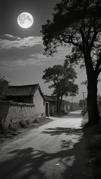 写实摄影风，90年代农村夜景，土质围墙，瓦房，道路两百年都是大树，天空中月亮又大又圆，树木的影子投射到路面上，天空中有云层，黑白冷灰调画面，画面带着怀旧氛围，中景
