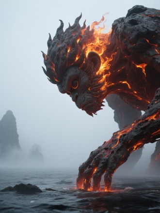 一张由岩浆凝聚而成的巨型悟空，长相抽象，五官、身上环绕火焰，低下头，眼睛往下看，俯视着下面，背景雾茫茫的海面，恐怖，梦幻，震撼，电影，超现实