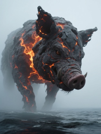一张由岩浆凝聚而成的猪刚鬣，长相抽象，五官、身上环绕火焰，低下头，眼睛往下看，俯视着下面，背景雾茫茫的海面，恐怖，梦幻，震撼，电影，超现实